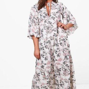 boohoo April Floral Print Flute Sleeve Maxi Dress